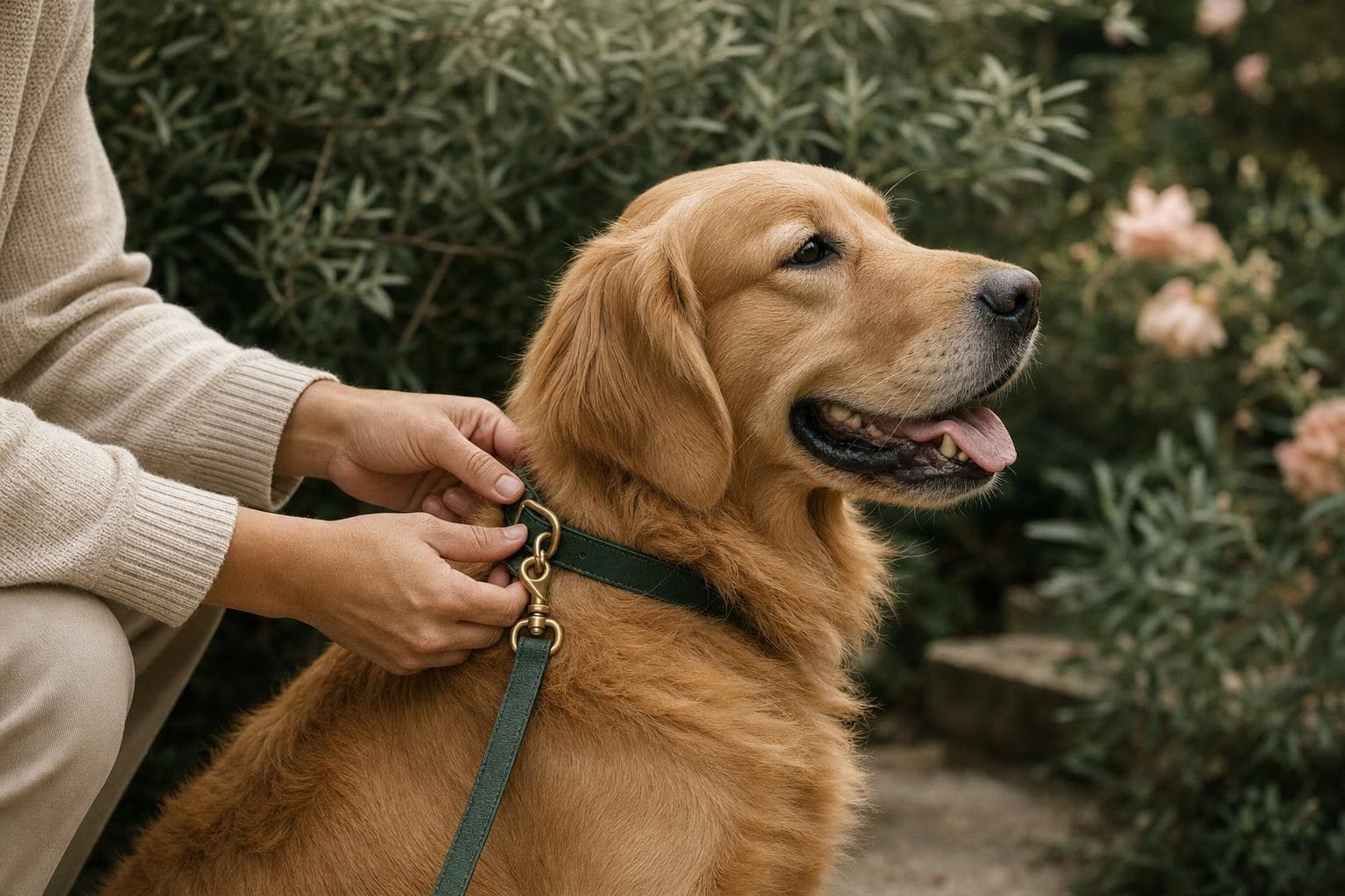 A sitter fastening a green collar on a golden retriever