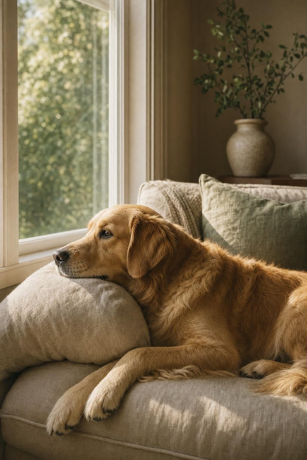 A golden retriever resting peacefully at home
