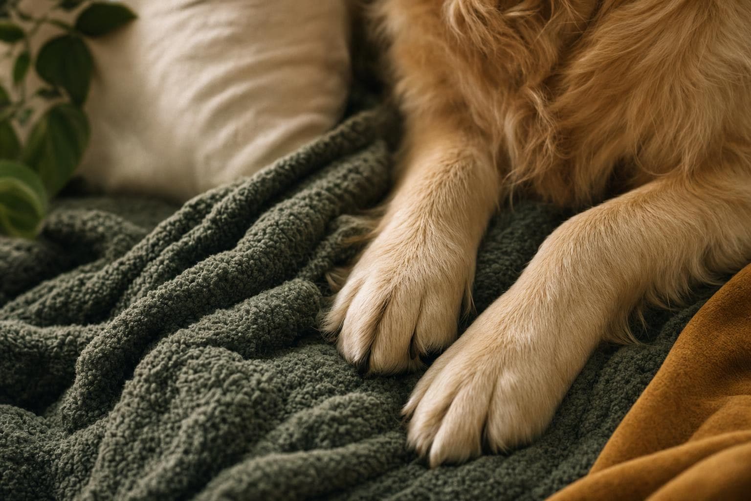 A golden retriever's paws resting on a sage blanket
