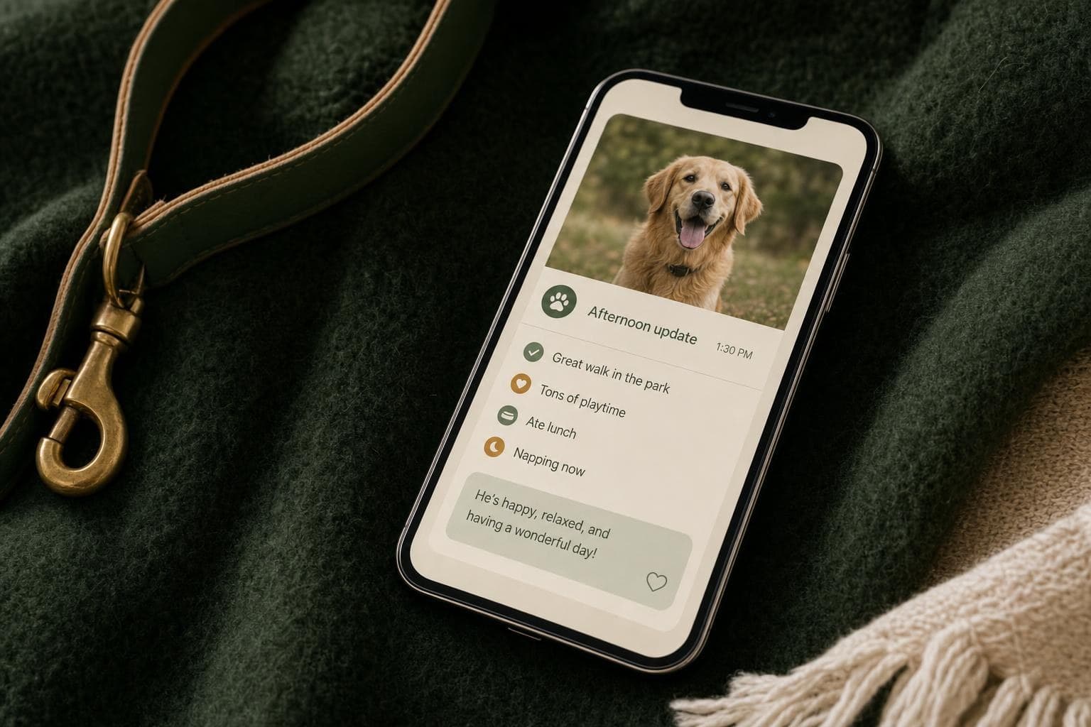 A phone showing a dogsitting update on a dark green surface
